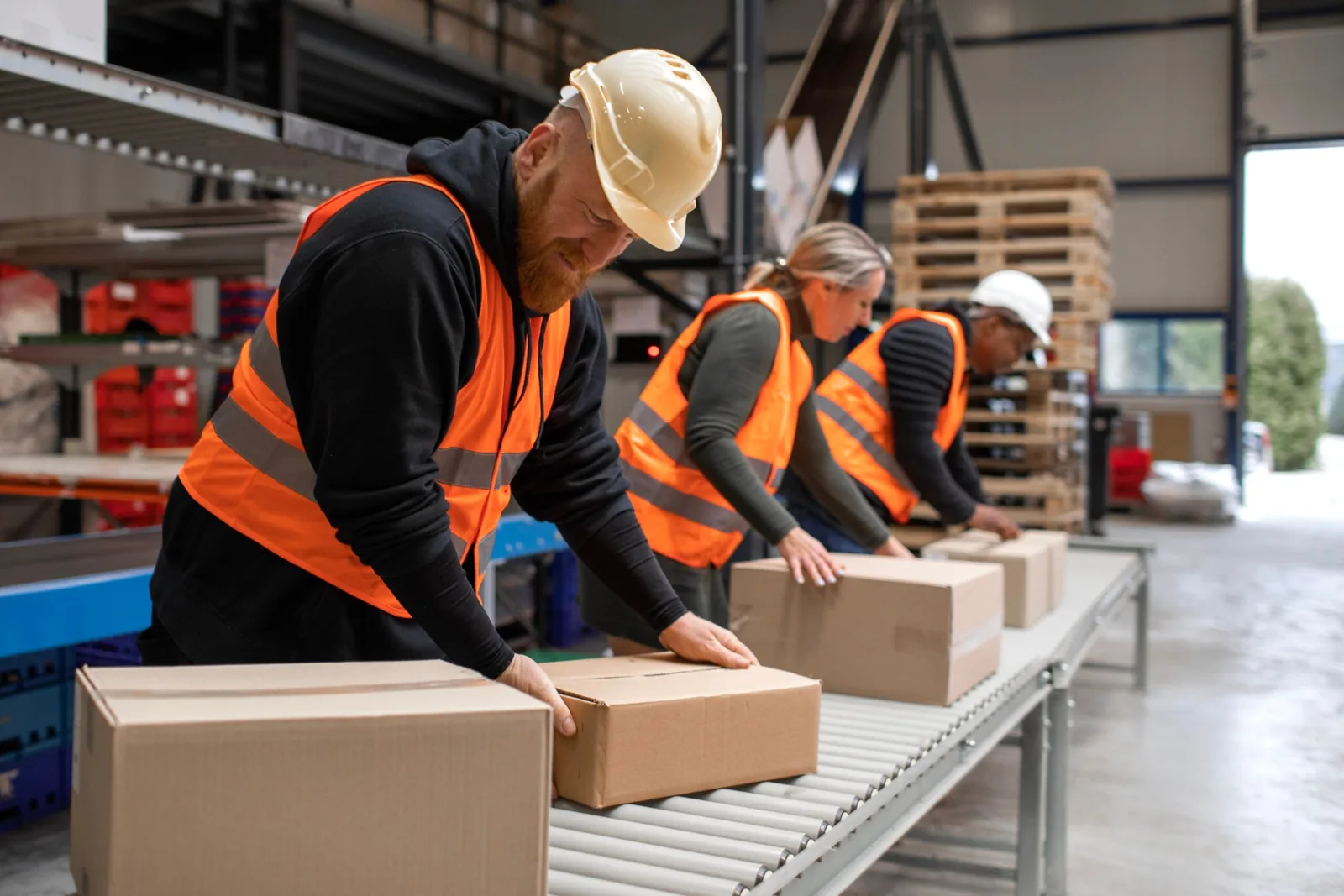 Three warehouse workers in orange high-visibility vests and hard hats handling cardboard boxes on a roller conveyor