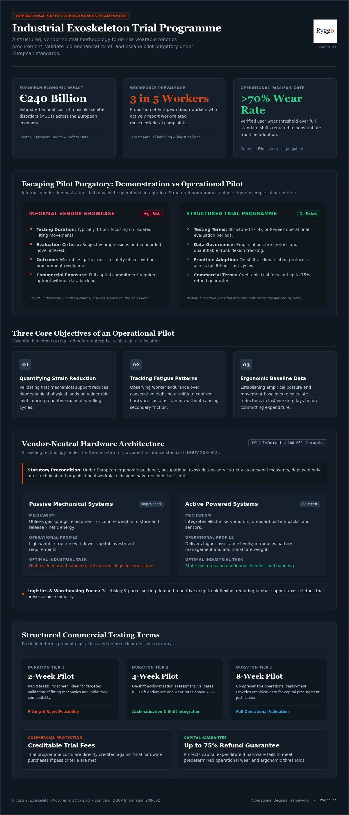 Infographic comparing an informal vendor demonstration with a structured industrial exoskeleton trial programme: strain reduction, fatigue tracking, ergonomic baselines and financial protection