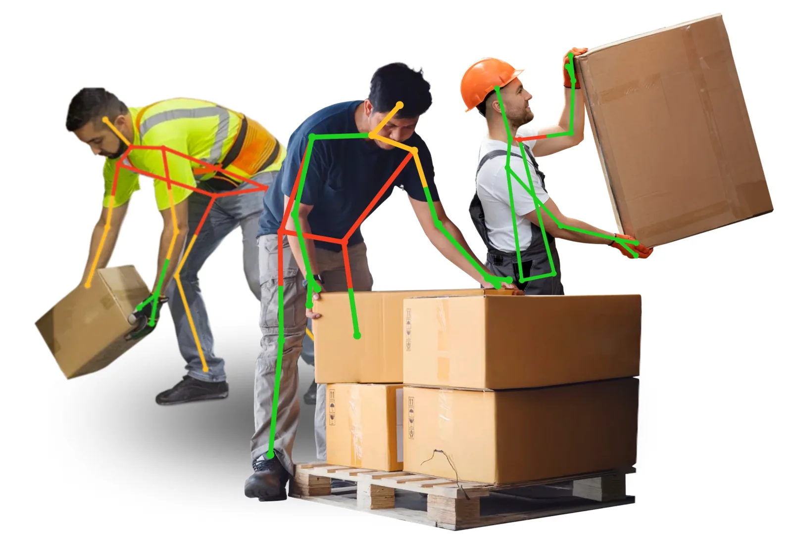 Three warehouse workers lifting and carrying boxes, with a posture-analysis skeleton overlay in green, orange and red showing which joints are most strained
